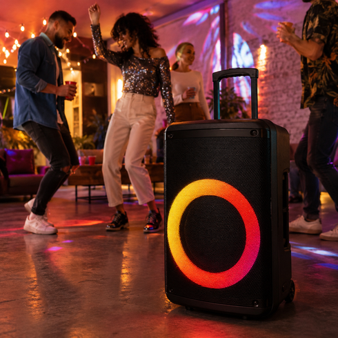 Портативная акустика ZXX-7878 / Аккумуляторная колонка с Bluetooth, TWS, FM, USB, SD, RGB-подсветкой / Караоке колонка-чемодан с 2 микрофонами и пультом ДУ