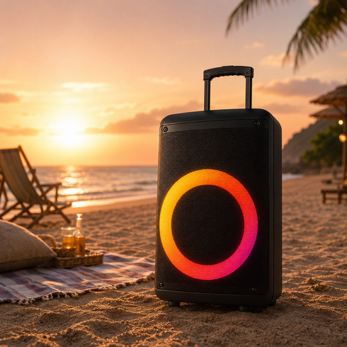 Портативная акустика ZXX-7878 / Аккумуляторная колонка с Bluetooth, TWS, FM, USB, SD, RGB-подсветкой / Караоке колонка-чемодан с 2 микрофонами и пультом ДУ