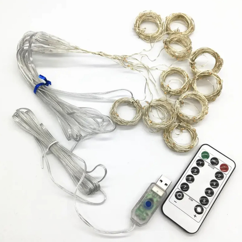 Світлодіодна гірлянда штора роса на дроті 3х2 м 200 LED пульт + USB холодний білий