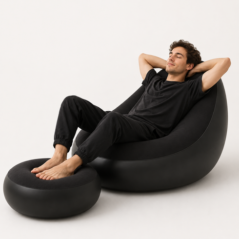 Надувной диван с пуфом Air Sofa / Надувное велюровое кресло с пуфиком+насос Черный