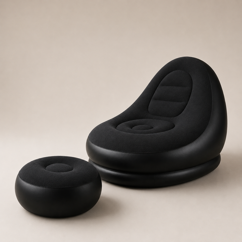 Надувной диван с пуфом Air Sofa / Надувное велюровое кресло с пуфиком+насос Черный