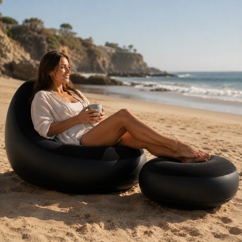 Надувной диван с пуфом Air Sofa / Надувное велюровое кресло с пуфиком+насос Черный