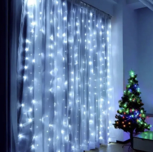 Світлодіодна гірлянда штора роса на дроті 3х2 м 200 LED пульт + USB холодний білий