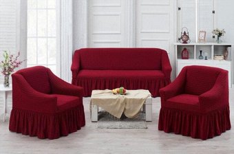 Натяжной чехол на диван и два кресла Турция, универсальный чехол , накидка на диван бордовый