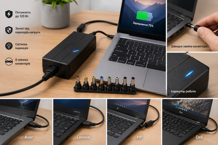 Адаптер универсальный для laptop 120W / Универсальный блок питания для ноутбуков / Зарядное устройство для ноутбука