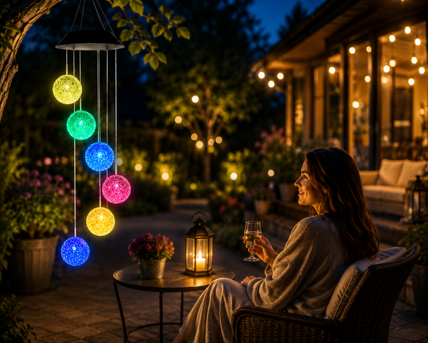 Садова підвісна лампа з 6 LED кулями MULTI / Лампа на сонячній батареї / Декоративні ліхтарики Музика вітру