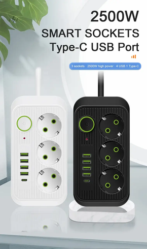 Сетевой фильтр питания UA Power Socket F09U 3 розетки +4USB +Type-C Port 2m, сетевой удлинитель розеток