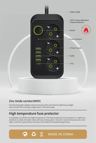 Сетевой фильтр питания UA Power Socket F09U 3 розетки +4USB +Type-C Port 2m, сетевой удлинитель розеток