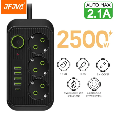 Сетевой фильтр питания UA Power Socket F09U 3 розетки +4USB +Type-C Port 2m, сетевой удлинитель розеток