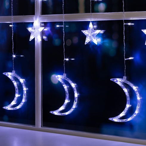 Светодиодная новогодняя гирлянда штора Звезды и месяцы с пультом 12 предметов Белый