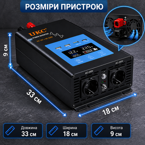 Преобразователь AC/DC 1800W AX Sine с чистым синусом / Инвертор с дисплеем и выходами: 3 x USB, 1 x Type-C / Преобразователь напряжения