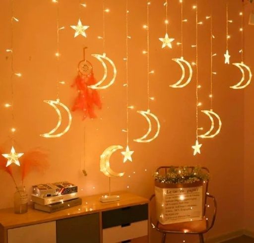 Світлодіодна новорічна гірлянда штора Зірки та місяці з пультом 12 предметів, Білий