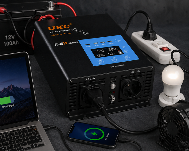 Преобразователь AC/DC 1800W AX Sine с чистым синусом / Инвертор с дисплеем и выходами: 3 x USB, 1 x Type-C / Преобразователь напряжения