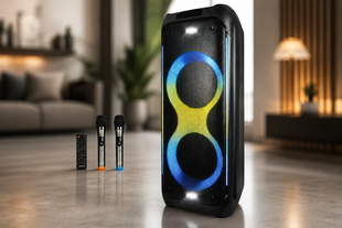 Портативная акустика ZXX-5580 / Колонка с Bluetooth для караоке с микрофонами / Аккумуляторная колонка с RGB-подсветкой FM и TWS