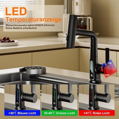Выдвижной кухонный смеситель с LED-дисплеем температуры, 3 режима, поворот 360&deg;, черный