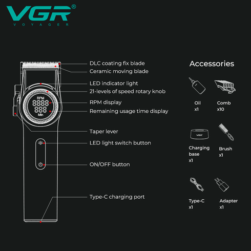 Акумуляторна машинка для стрижки VGR V-001, 10 насадок, 9000 RPM, АКБ 4600 mAh, LED дисплей