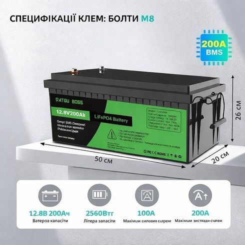 Аккумулятор BATTERY liFePo4 для дома, квартиры, ИБП и солнечных электростанций / Аккумулятор LiFePO4 200Ah 12.8V (литий-железо-фосфатный, BMS)