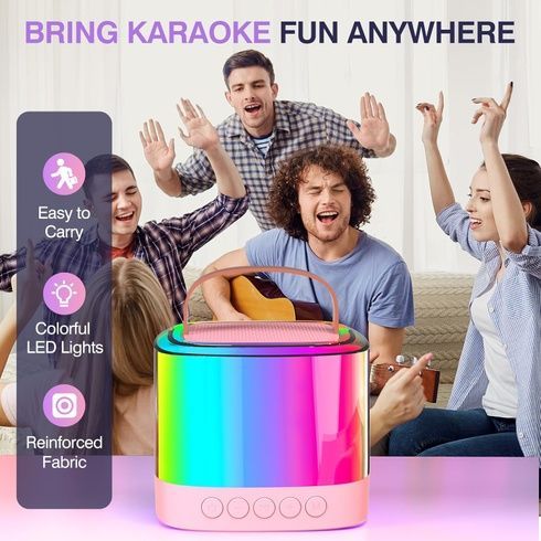 Портативна Bluetooth-колонка T7 з LED підсвічуванням / Караоке-колонка для дітей та дорослих 2 мікрофони Рожева