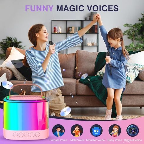 Портативна Bluetooth-колонка T7 з LED підсвічуванням / Караоке-колонка для дітей та дорослих 2 мікрофони Рожева