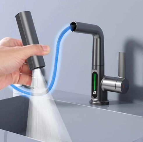 Выдвижной кухонный смеситель с LED-дисплеем температуры, 3 режима, поворот 360&deg;, черный
