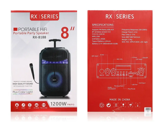 Музична колонка-радіо колонка з підсвідченням BLUETOOTH RX-8188 1200 ВТ із мікрофоном, Черный