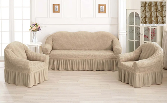 Натяжний чохол на диван і два крісла Туреччина, універсальний чохол, накидка на диван бежевий
