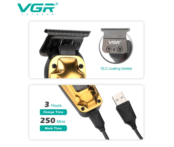 Аккумуляторная машинка для стрижки VGR V-904 GOLD, 4 насадки, 2000 mAh, LED дисплей