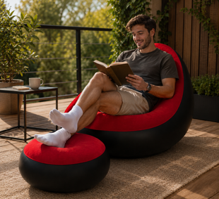 Надувной диван с пуфом Air Sofa / Надувное велюровое кресло с пуфиком+насос Красный