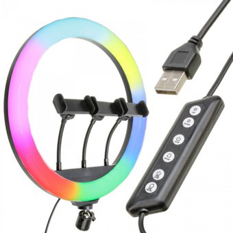 Кольцевая LED лампа RGB MJ36 (36см, 3 крепление, управление на проводе+пульт), Разноцветный