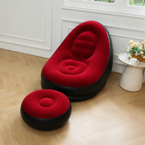 Надувной диван с пуфом Air Sofa / Надувное велюровое кресло с пуфиком+насос Красный