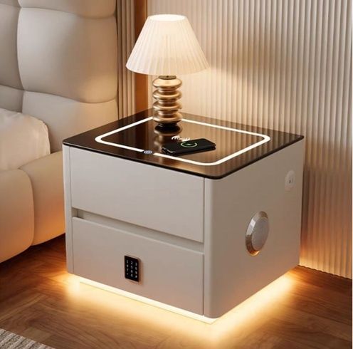 Тумба QYJXF02 из экокожи с LED подстветкой, USB, датчик движения, беспроводная зарядка, Bluetooth-аудио Белая