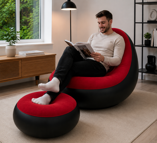 Надувной диван с пуфом Air Sofa / Надувное велюровое кресло с пуфиком+насос Красный