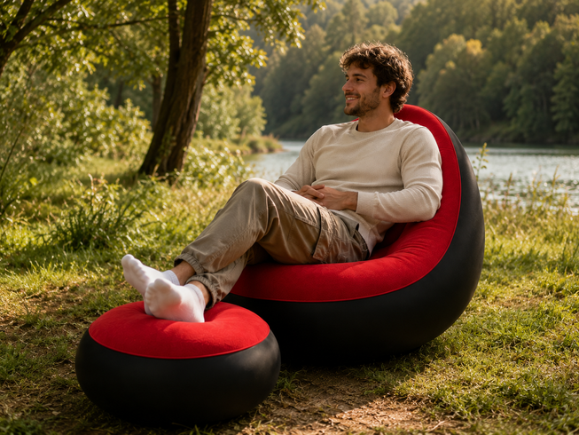 Надувной диван с пуфом Air Sofa / Надувное велюровое кресло с пуфиком+насос Красный