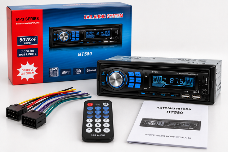 Автомагнитола MP3 580BT / Автомагнитола 1 DIN / Магнитола в авто с Bluetooth