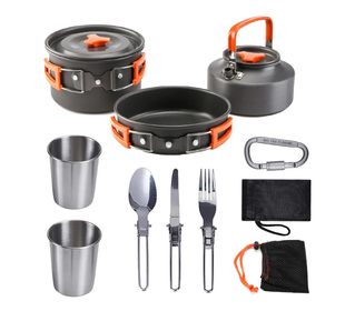 Набор туристической посуды Camping cooking со столовыми приборами 10 в 1  / Набор посуды для похода, пикника и рыбалки