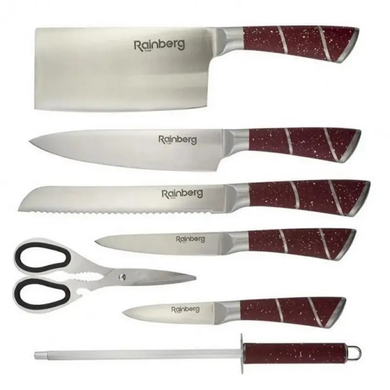 Набор кухонных ножей  Красные Rainberg RB-8805 8 в 1 из нержавеющей стали на деревянной подставке, ножи для кухни