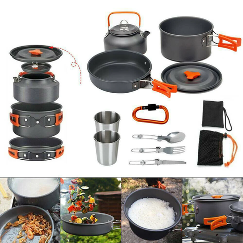 Набор туристической посуды Camping cooking со столовыми приборами 10 в 1  / Набор посуды для похода, пикника и рыбалки