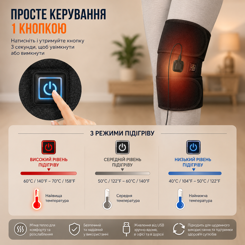 Наколенник Массажер Бандаж коленного сустава с подогревом USB / Наколенник для суставов / Массажер для колена с подогревом