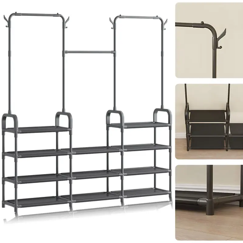 Стойка-вешалка для одежды и обуви Model1BLACK &mdash; 164&times;137&times;26см, 11полок, 4крючка, напольная, нержавеющая сталь