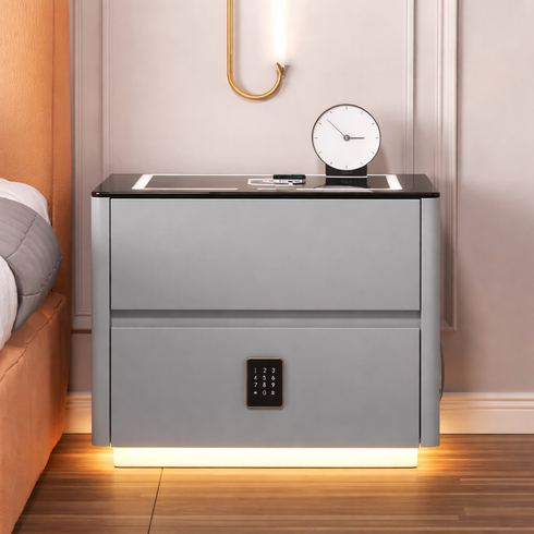 Тумба QYJXF02 из экокожи с LED подстветкой, USB, датчик движения, беспроводная зарядка, Bluetooth-аудио Серая