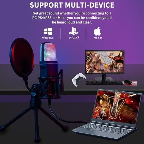 Игровой микрофон для ПК и приставки с RGB подстветкой / Микрофон конденсаторный с поп-фильтром на подставке для блоггеров