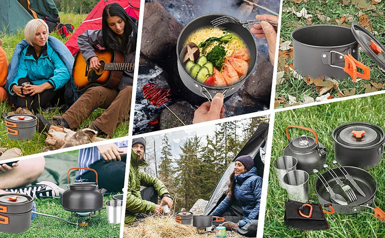 Набор туристической посуды Camping cooking со столовыми приборами 10 в 1  / Набор посуды для похода, пикника и рыбалки