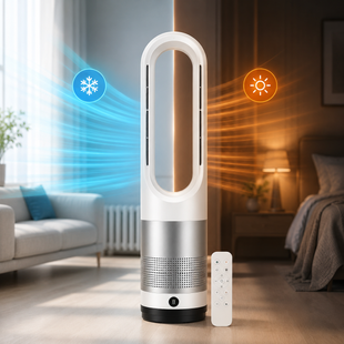 Мобильный безлопастной вентилятор Germatic LED 1200W / Напольный кондиционер 2в1 с обогревом и охлаждением AM-018JR  сенсор, пульт ДУ, автоповорот 80&deg;