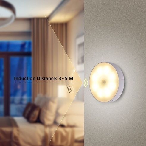 Настенная LED-лампа с датчтком движения 8х2см / Беспроводной круглый ночник USB с магнитным креплением