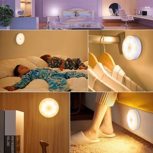 Настенная LED-лампа с датчтком движения 8х2см / Беспроводной круглый ночник USB с магнитным креплением