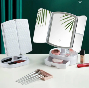 Косметическое тройное зеркало с подсветкой от USB, Зеркало для макияжа сенсорное с подставкой TPSP