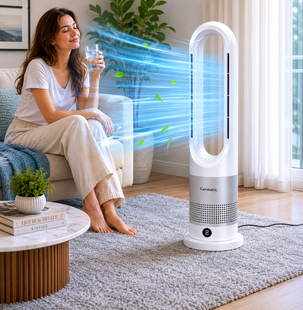 Мобильный безлопастной вентилятор Germatic 2в1 автоповорот 80&deg; / Кондиционер напольный зима-лето AM-030JR 1200W+ пульт ДУ