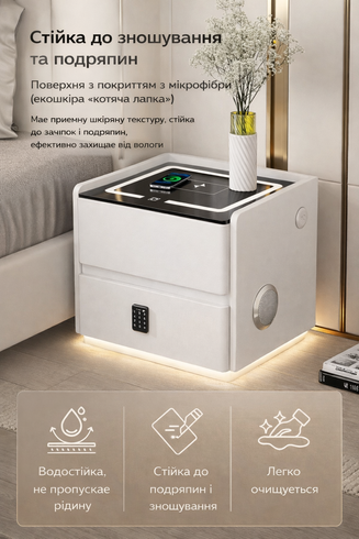 Тумба YJXF01 из экокожи с LED подстветкой, USB, датчик движения, беспроводная зарядка, Bluetooth-аудио Белая 50х40х47см