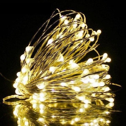 Новогодние гирлянды. Медная проволочная лампа 100LED 10м, Цвет Теплый Силиконовый провод (7109)