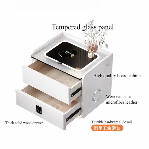 Тумба YJXF01 из экокожи с LED подстветкой, USB, датчик движения, беспроводная зарядка, Bluetooth-аудио Белая 50х40х47см